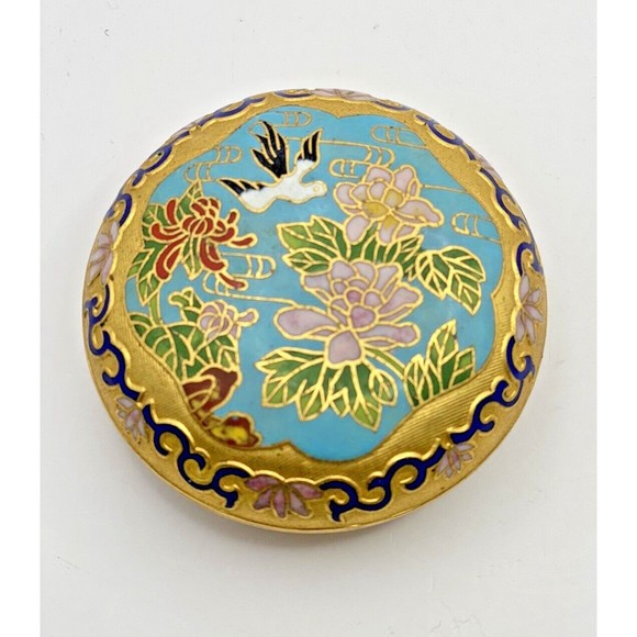 Vintage Cloisonné Gold Bird Floral Flowers Lidded Trinket Box Dish Used - Picture 2 of 12